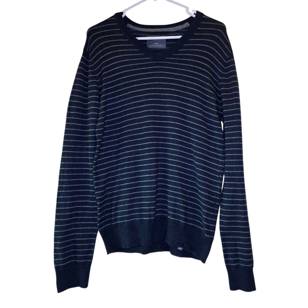 ​Aeropostale Men's Medium Striped V-Neck Sweater Navy Blue Gray Knit Lightweight